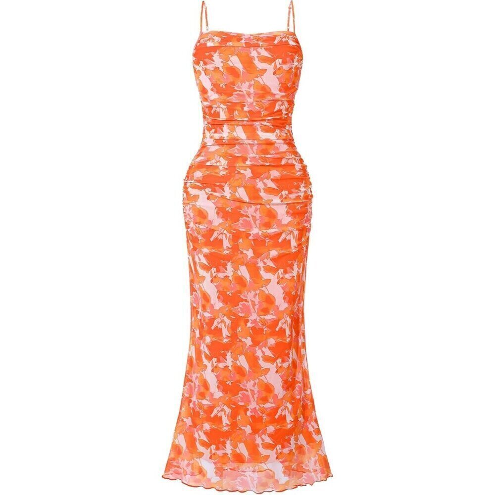 🆕 Women Orange Mesh Sexy Cami Long Dresses Floral Slip Maxi Summer Bodycon